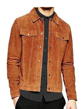 Men's Real Suede Leather Rust Brown Trucker Jacket Denim Style